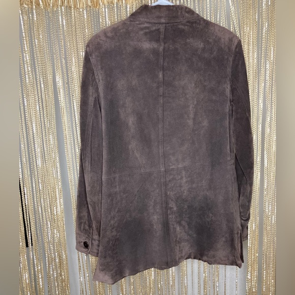 Vintage 90s genuine leather suede chocolate brown button up collared coat jacket - Picture 2 of 7